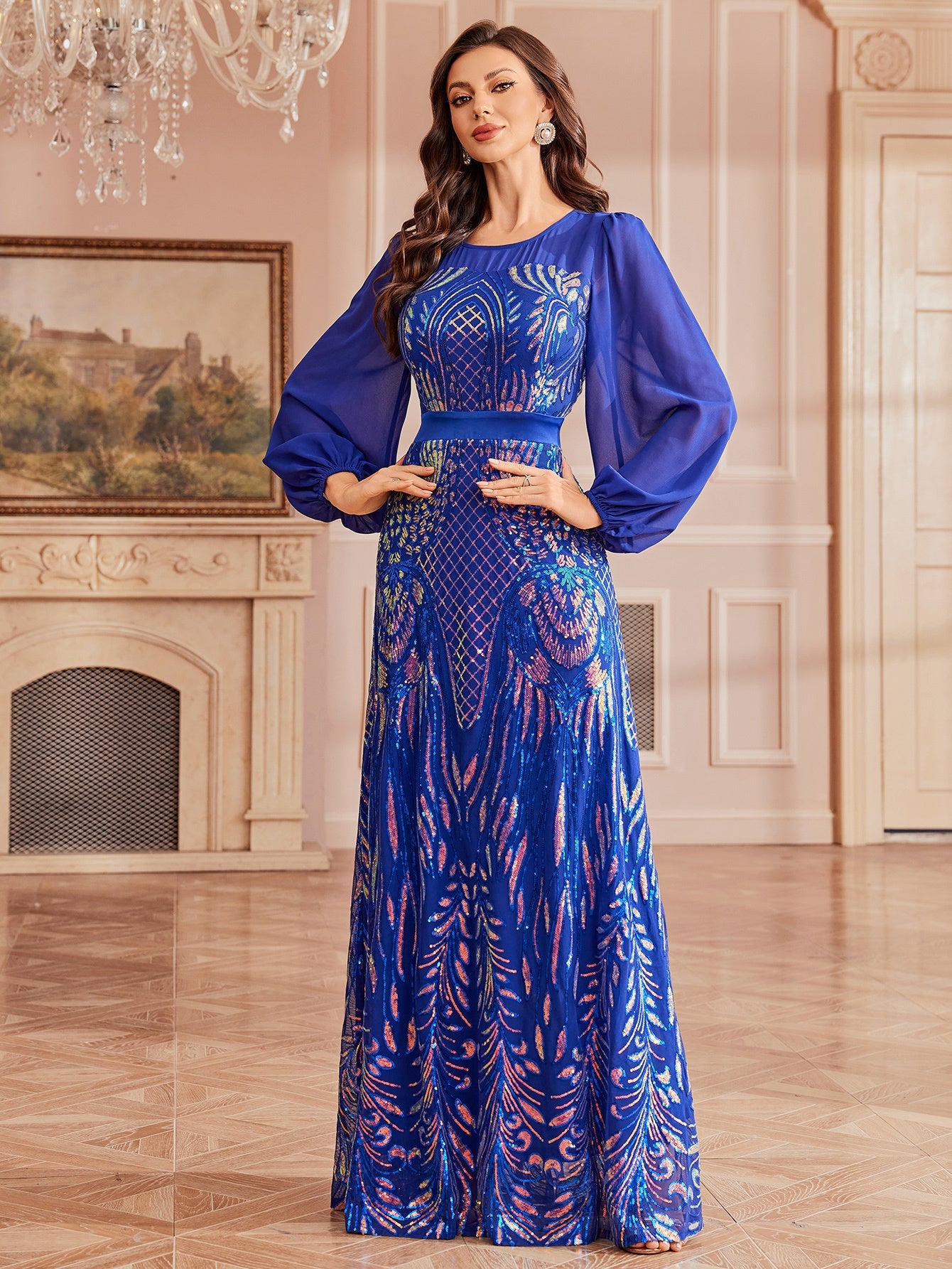 Puff Sleeve Tribal Sequin Formal Dress GM0133