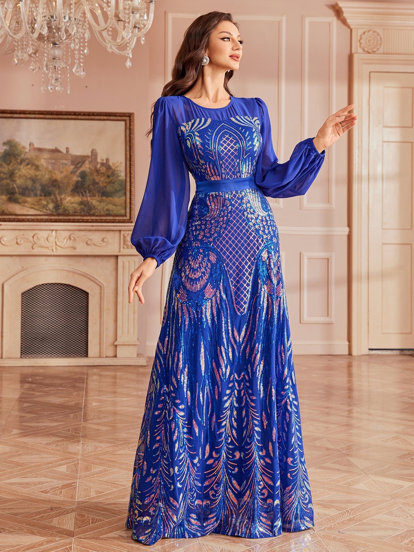 Puff Sleeve Tribal Sequin Formal Dress GM0133
