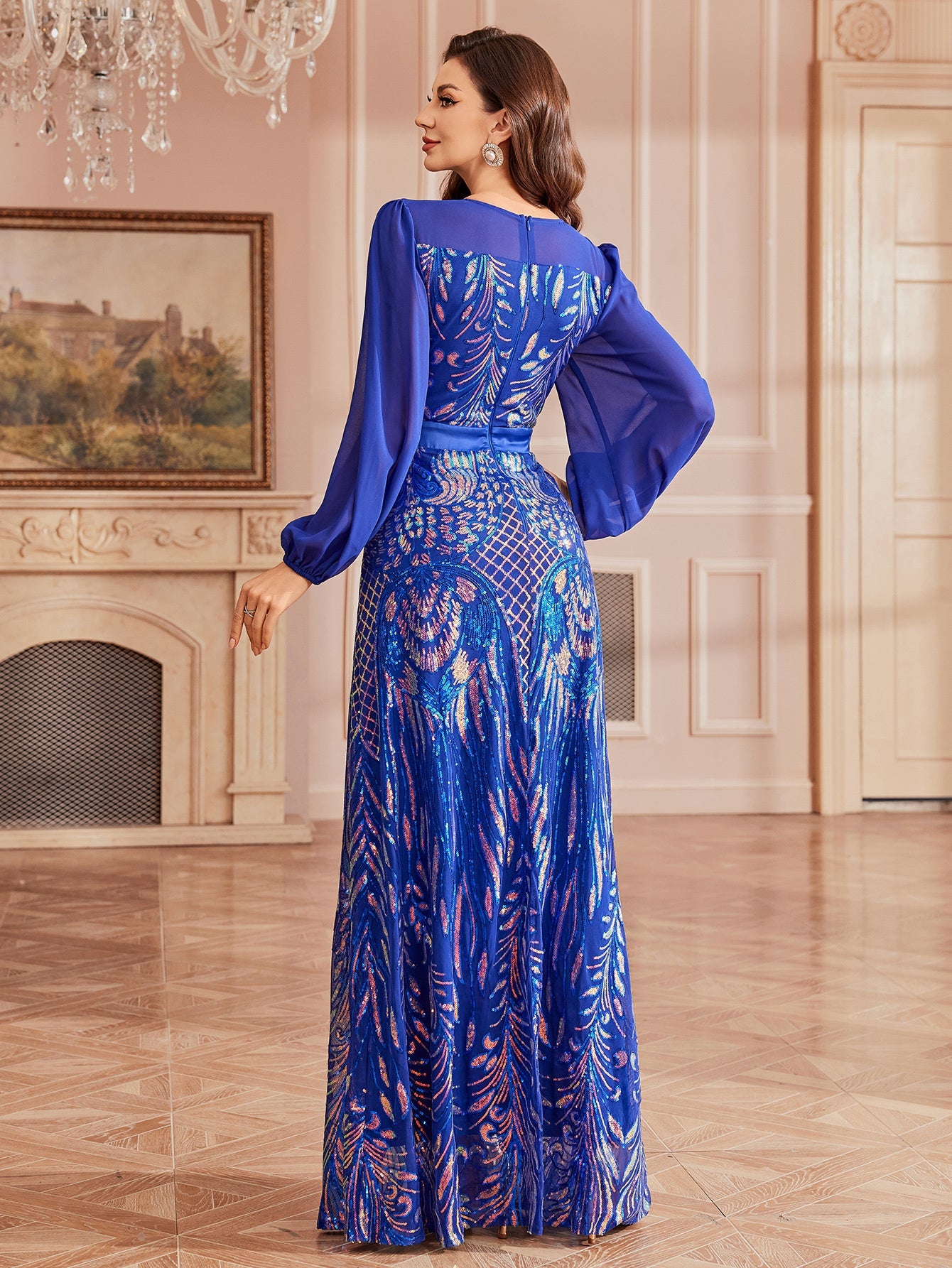 Puff Sleeve Tribal Sequin Formal Dress GM0133