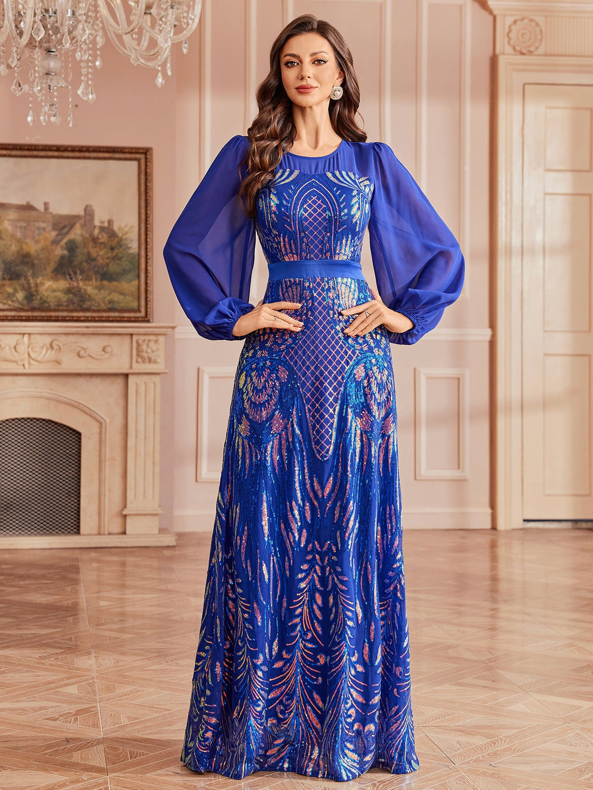 Puff Sleeve Tribal Sequin Formal Dress GM0133