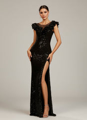 Tatiana Black Ruffled Mesh Sequin Formal Dress