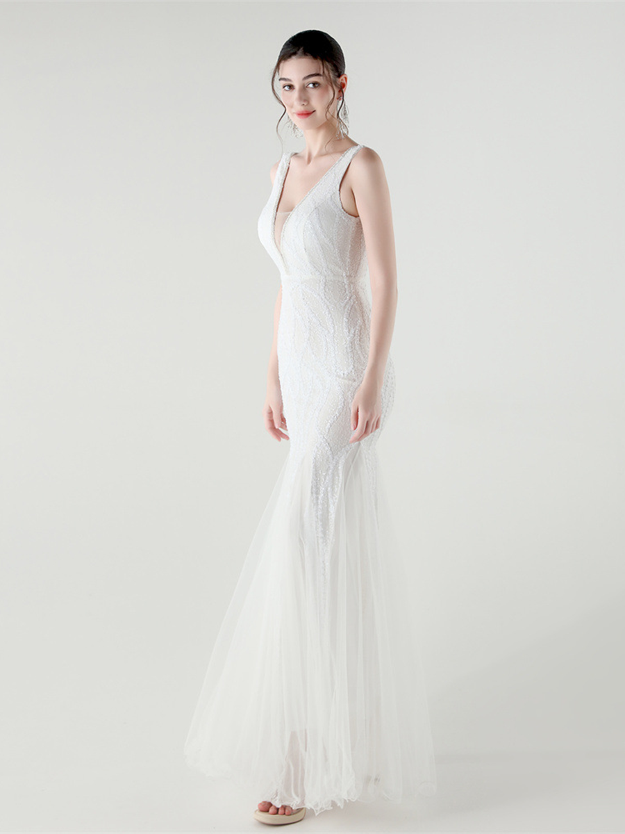 V-neck Sleeveless Sequin Mesh Backless Bridal Dress GM90173