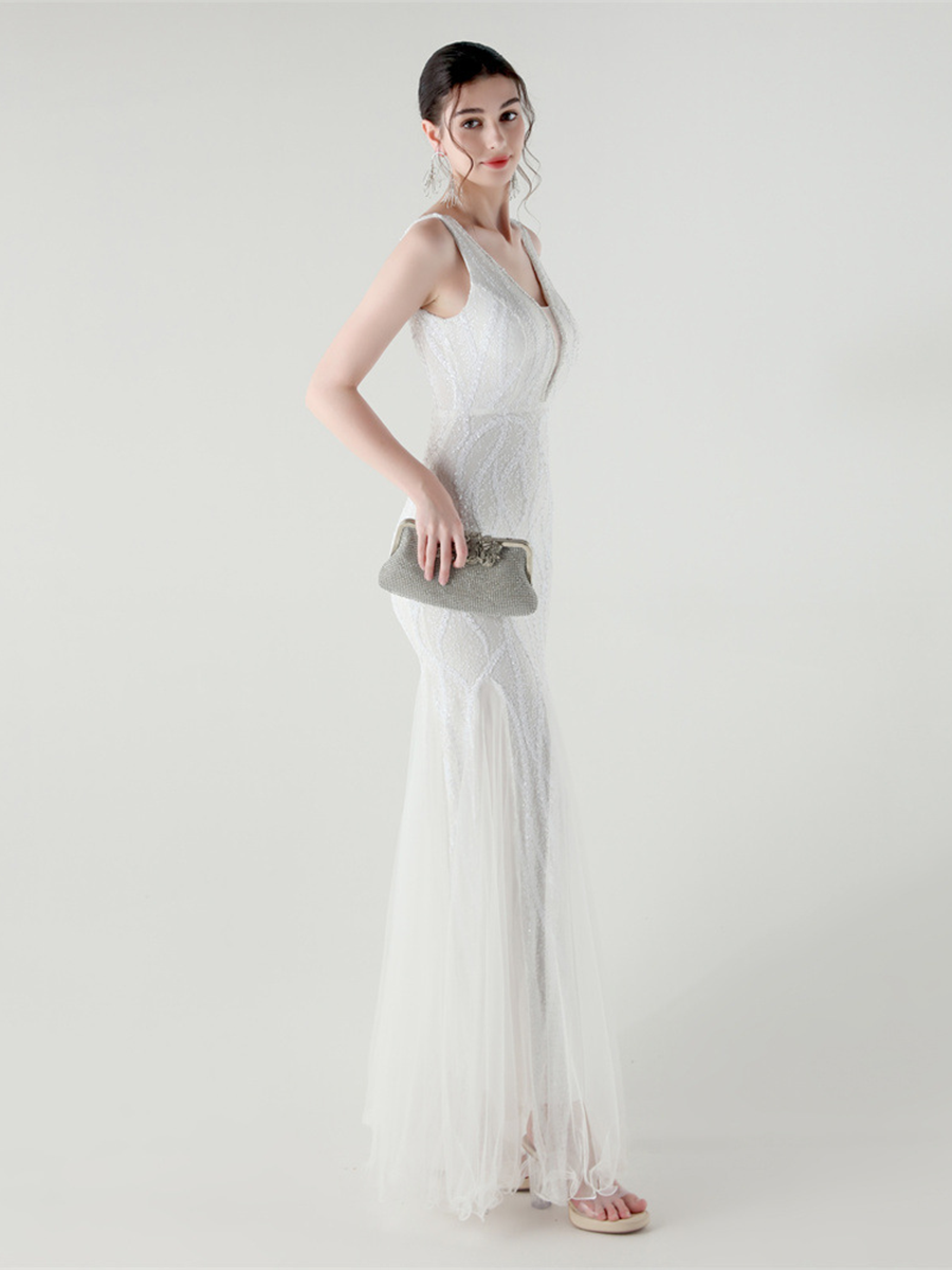 V-neck Sleeveless Sequin Mesh Backless Bridal Dress GM90173