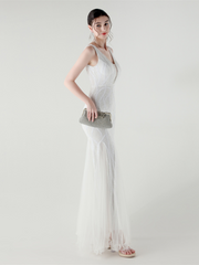 V-neck Sleeveless Sequin Mesh Backless Bridal Dress GM90173