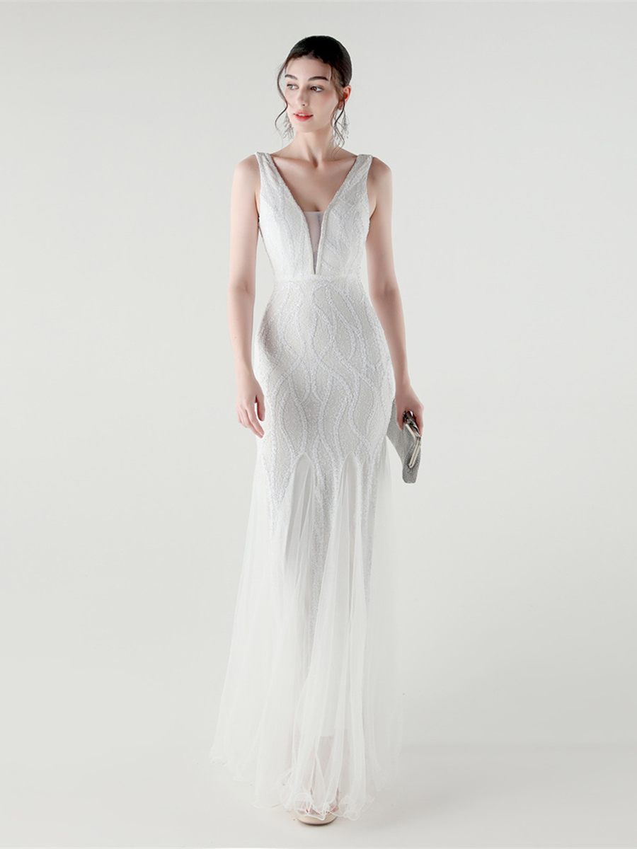 V-neck Sleeveless Sequin Mesh Backless Bridal Dress GM90173