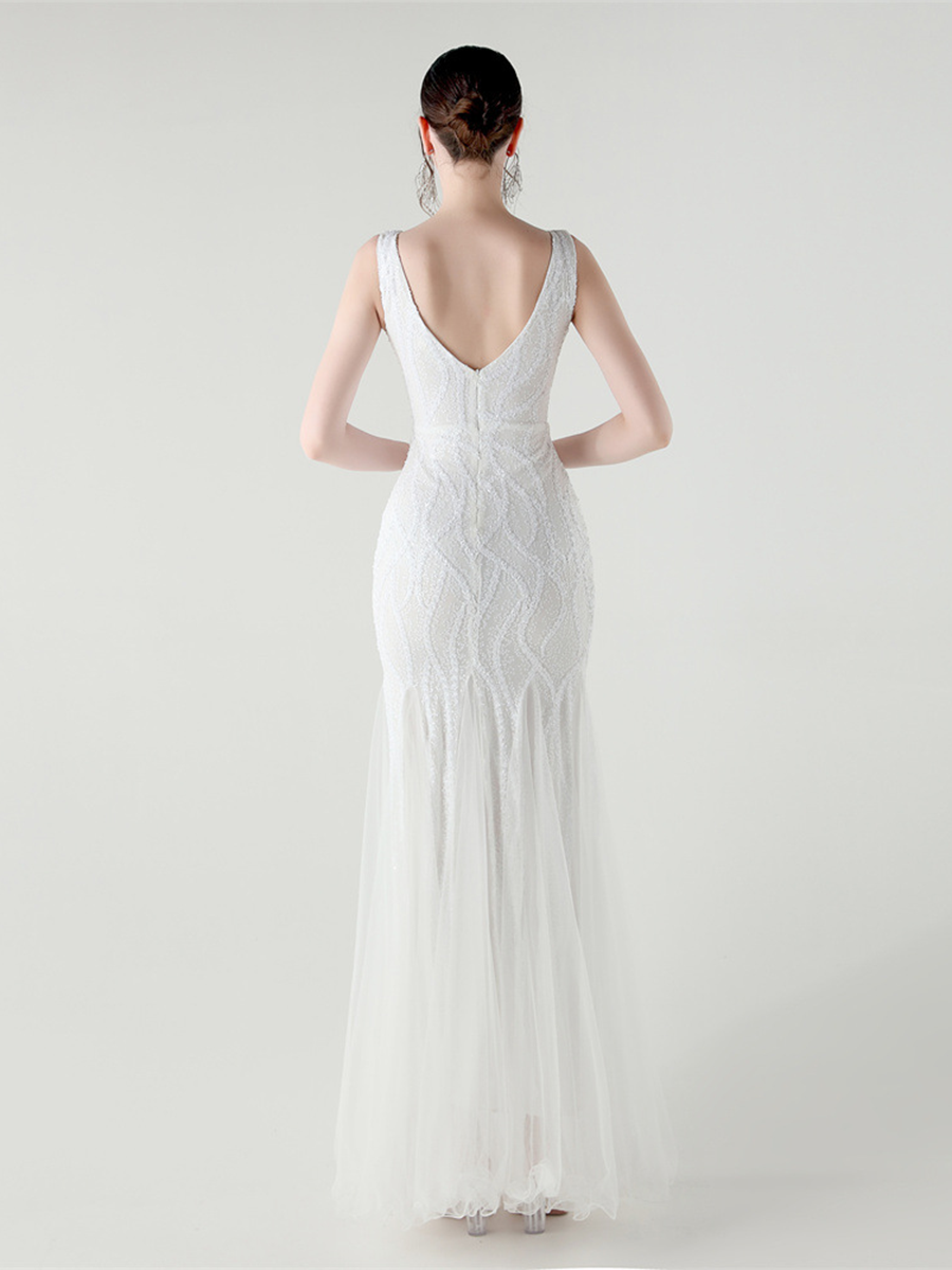 V-neck Sleeveless Sequin Mesh Backless Bridal Dress GM90173