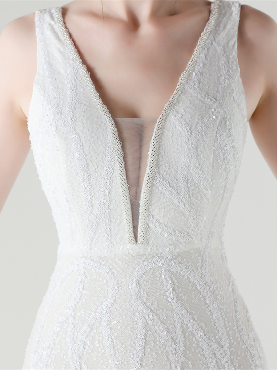 V-neck Sleeveless Sequin Mesh Backless Bridal Dress GM90173