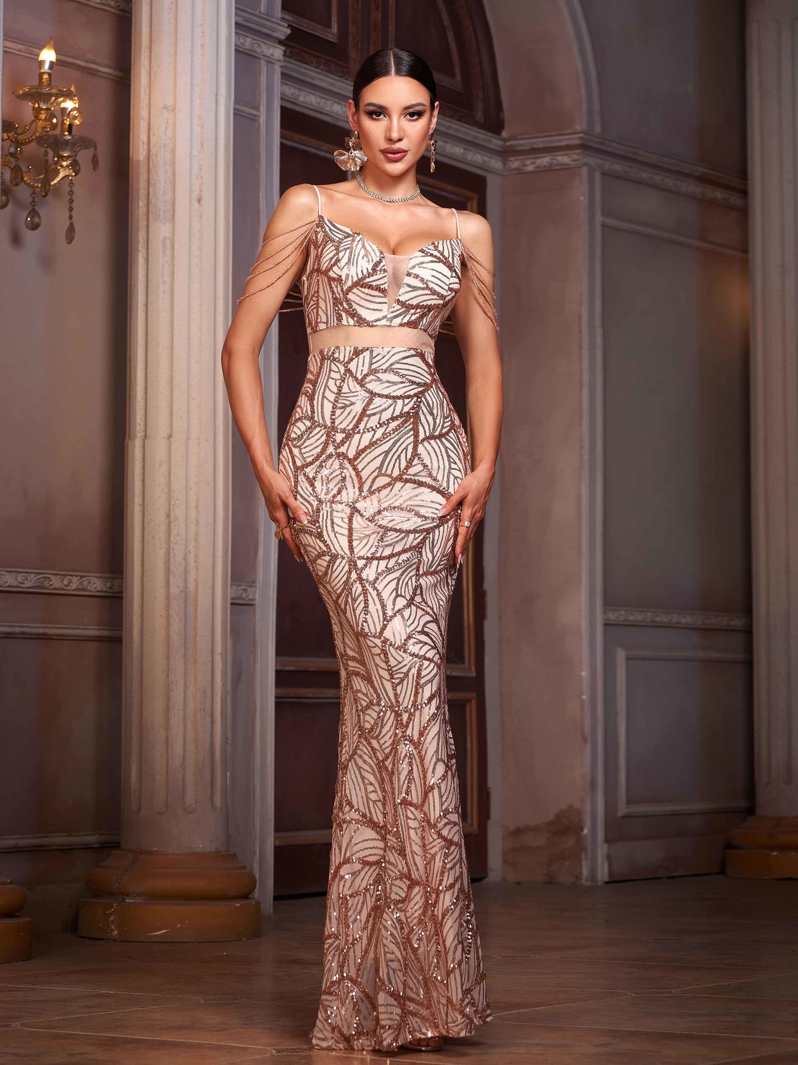 Apricot Sequin Graphic Sexy Cocktail Dress GM90186