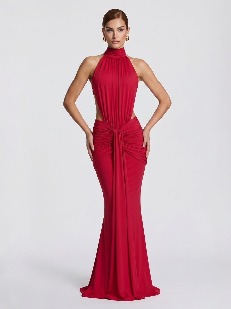 Halter Backless Cutout Ruched Mermaid Evening Dress XF251340