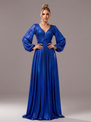 Blue V-neck Long Sleeve A-line Prom Dress DH80273