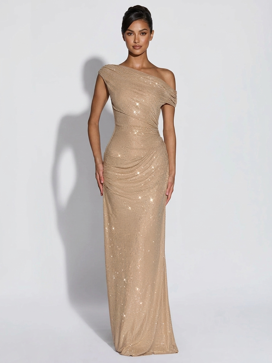 Rhinestone One-shoulder Ruched Formal Dress XF251314