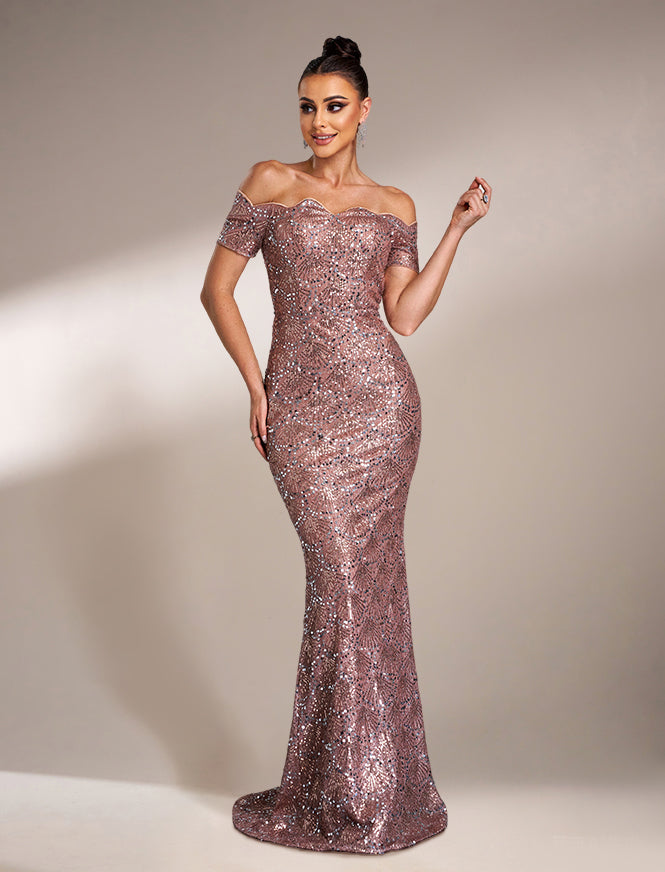 Ruffle Neck Black Sequin Evening Dress JMH3139