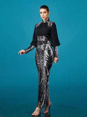 Silver Graphic Sequin Ballon Sleeve Prom Dress M00718