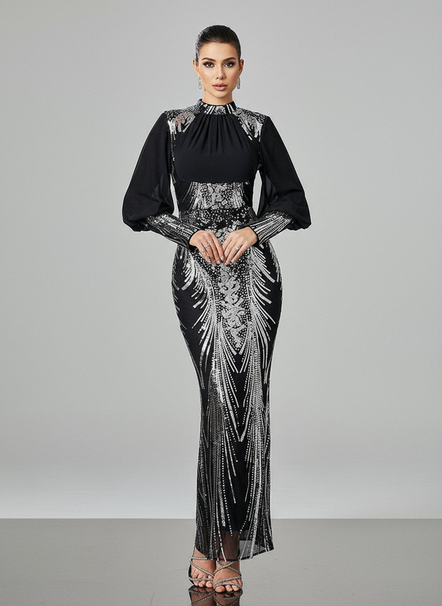 Silver Graphic Sequin Ballon Sleeve Prom Dress M00718