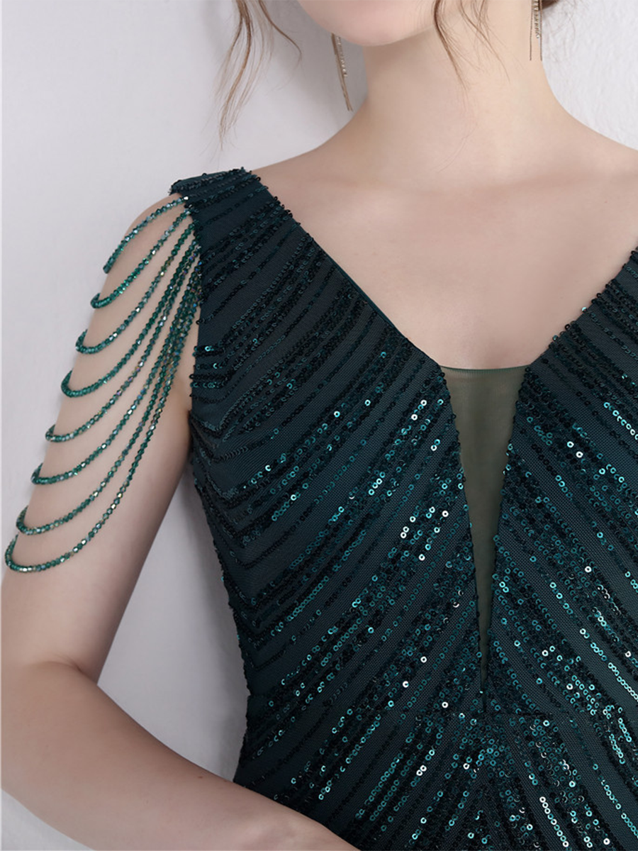 Sleeveless Beads Chain Sequin V-neck Evening Dress M01873