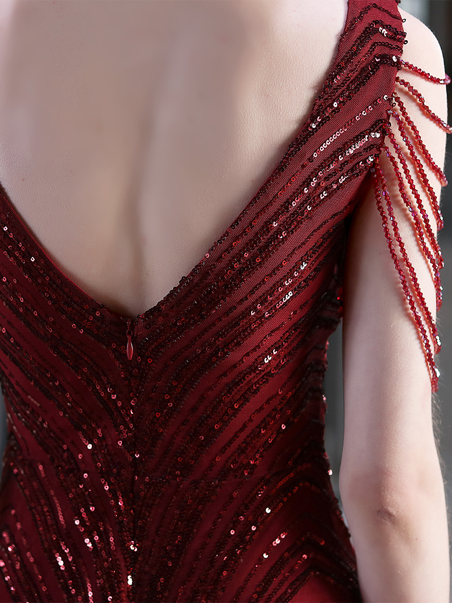 Sleeveless Beads Chain Sequin V-neck Evening Dress M01873