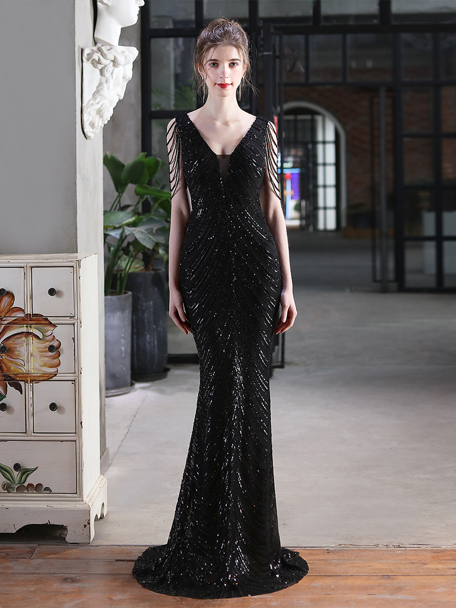 Sleeveless Beads Chain Sequin V-neck Evening Dress M01873