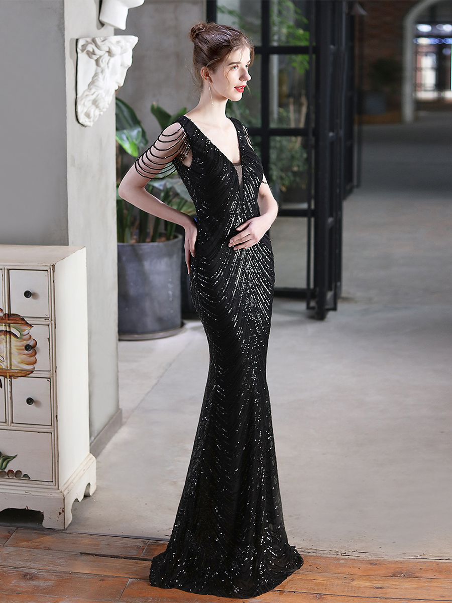 Sleeveless Beads Chain Sequin V-neck Evening Dress M01873