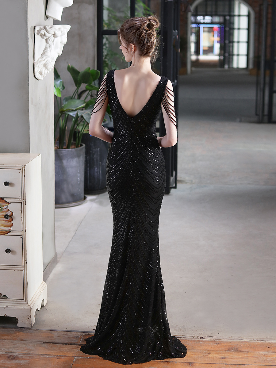 Sleeveless Beads Chain Sequin V-neck Evening Dress M01873