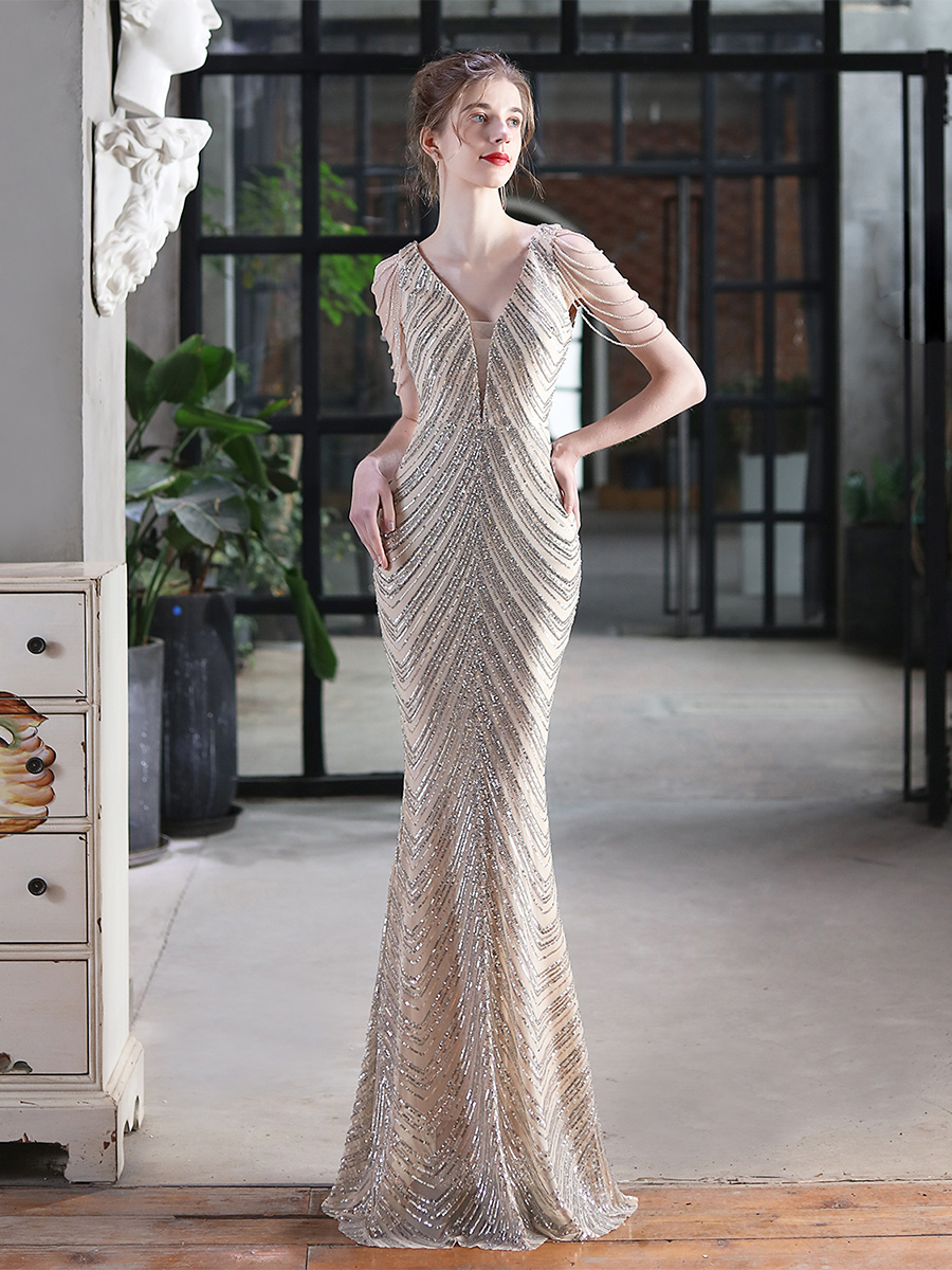 Sleeveless Beads Chain Sequin V-neck Evening Dress M01873