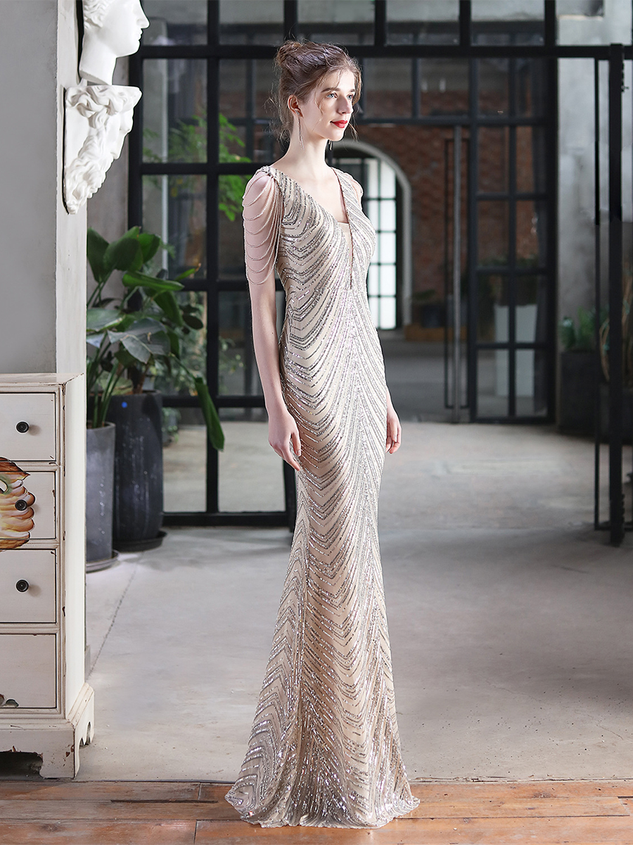 Sleeveless Beads Chain Sequin V-neck Evening Dress M01873