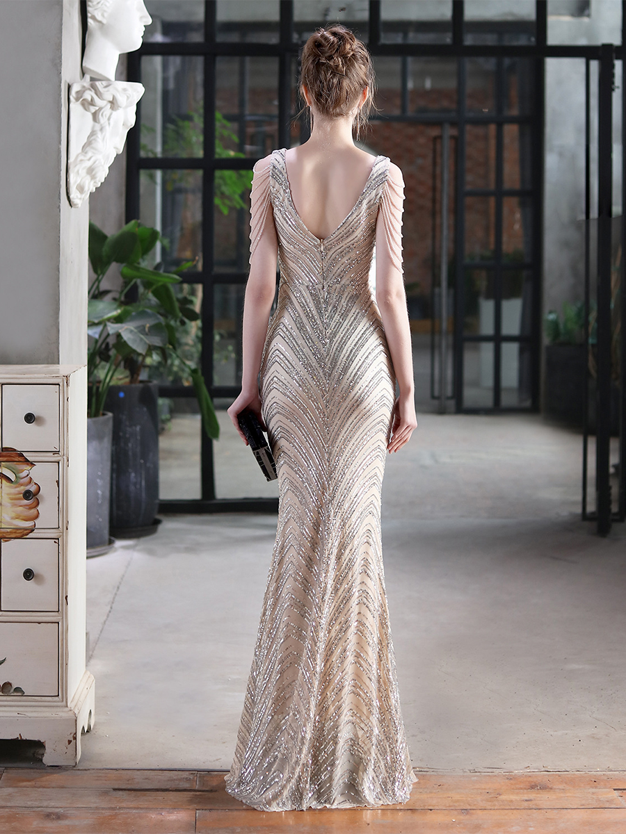 Sleeveless Beads Chain Sequin V-neck Evening Dress M01873