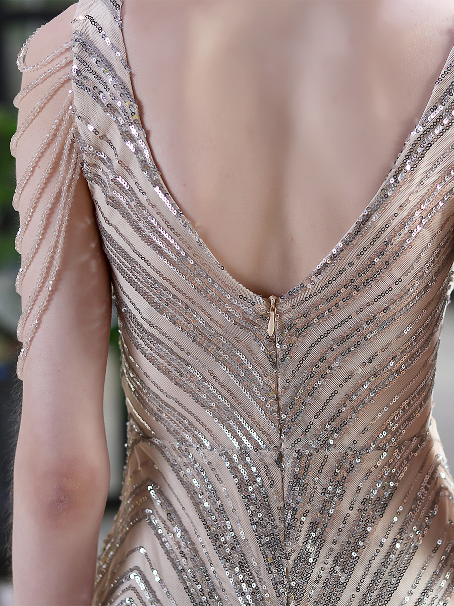Sleeveless Beads Chain Sequin V-neck Evening Dress M01873