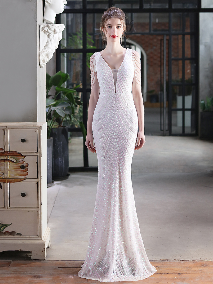 Sleeveless Beads Chain Sequin V-neck Evening Dress M01873