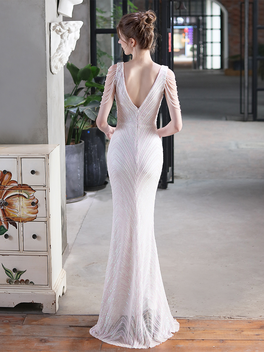 Sleeveless Beads Chain Sequin V-neck Evening Dress M01873