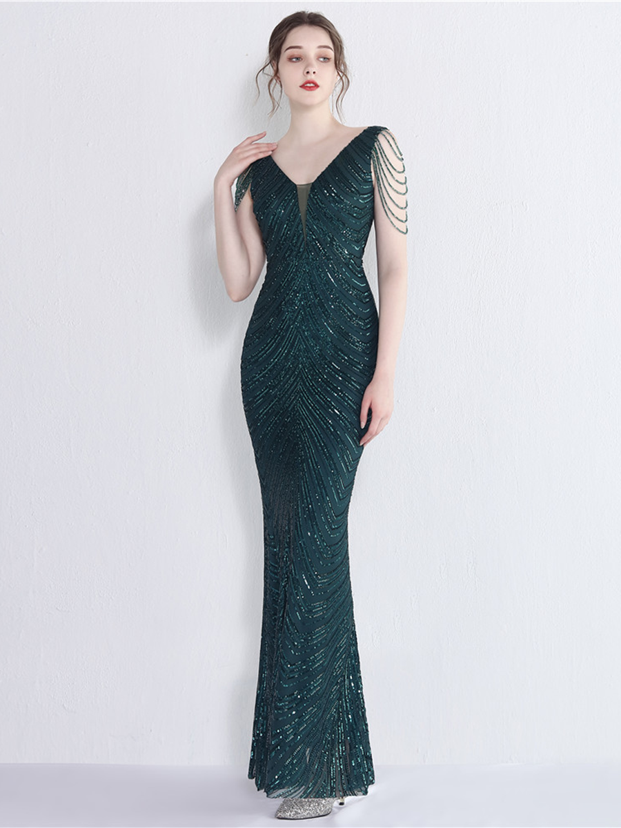 Sleeveless Beads Chain Sequin V-neck Evening Dress M01873