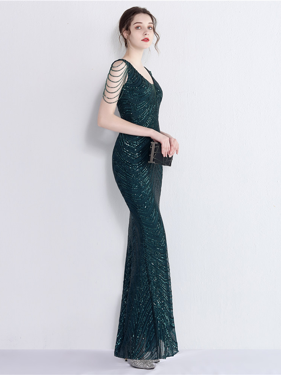 Sleeveless Beads Chain Sequin V-neck Evening Dress M01873