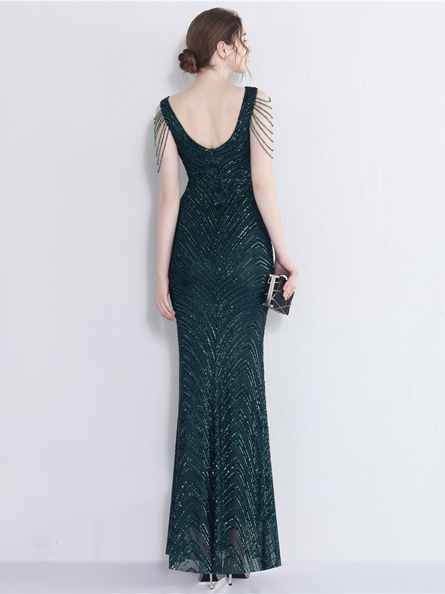 Sleeveless Beads Chain Sequin V-neck Evening Dress M01873
