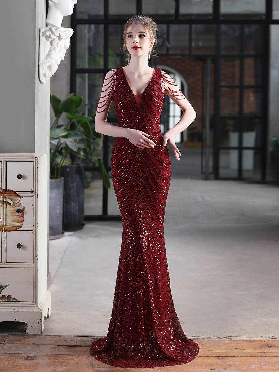 Sleeveless Beads Chain Sequin V-neck Evening Dress M01873