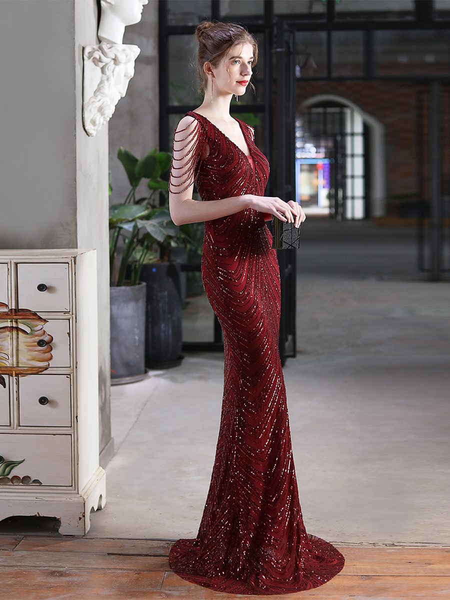 Sleeveless Beads Chain Sequin V-neck Evening Dress M01873