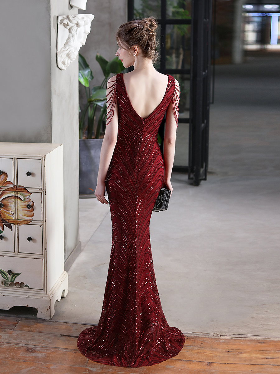 Sleeveless Beads Chain Sequin V-neck Evening Dress M01873