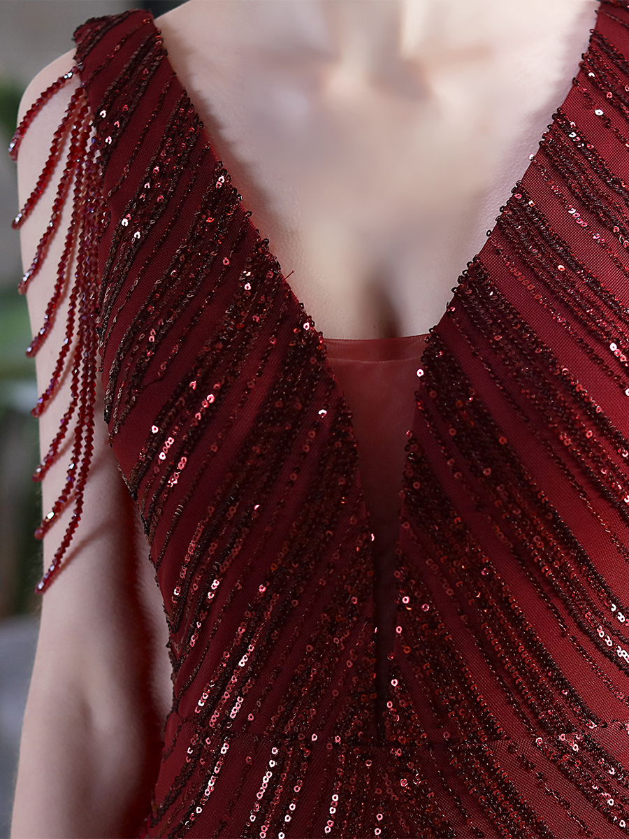 Sleeveless Beads Chain Sequin V-neck Evening Dress M01873
