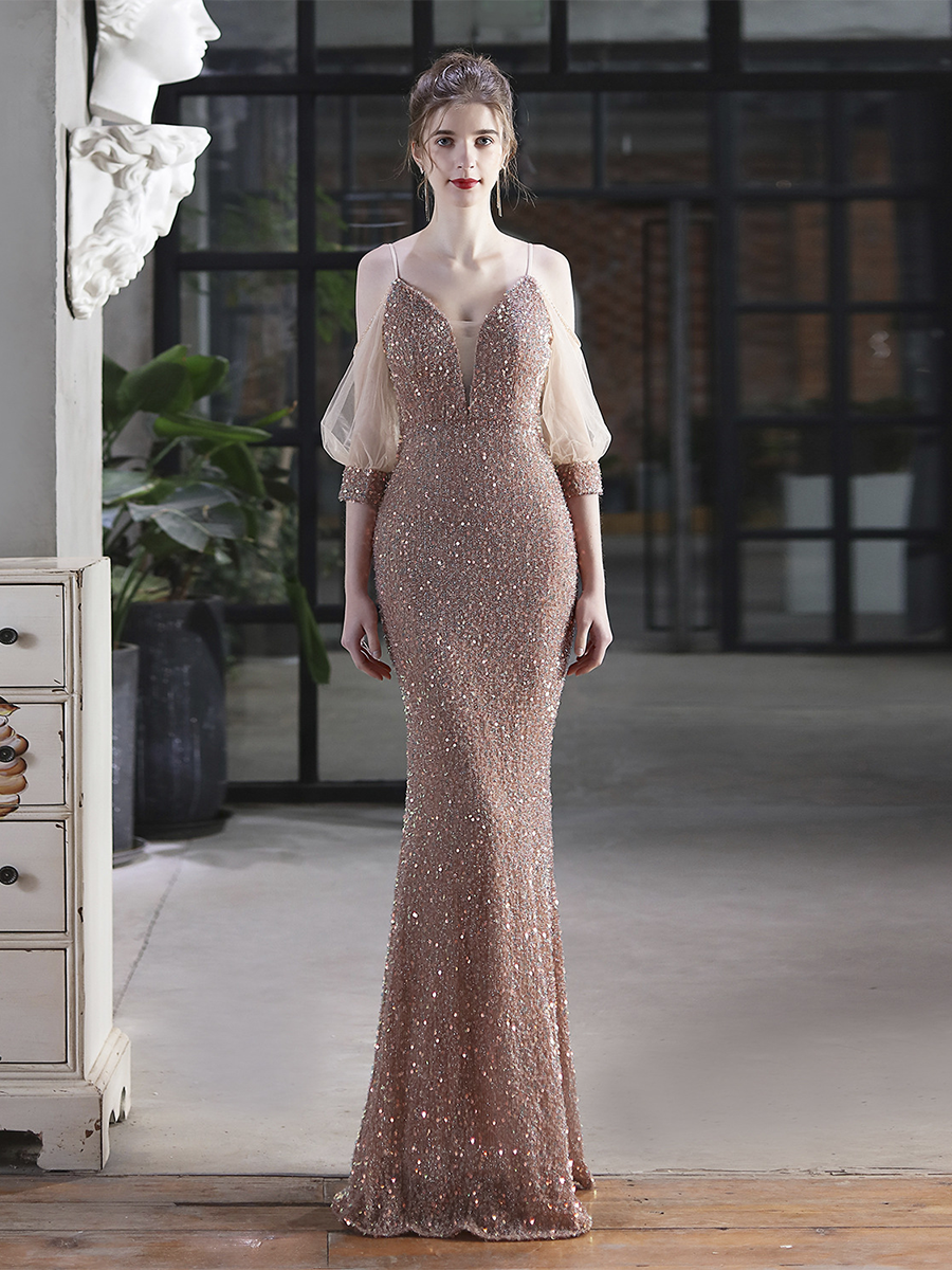 Cold Shoulder Contrast Mesh Puff Sleeve Sequin Wedding Dress M01877