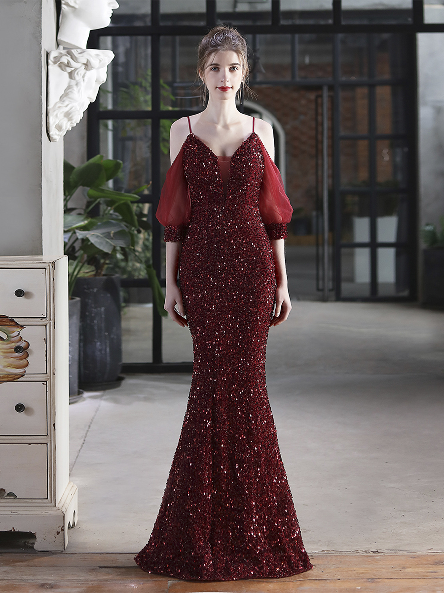 Cold Shoulder Contrast Mesh Puff Sleeve Sequin Wedding Dress M01877