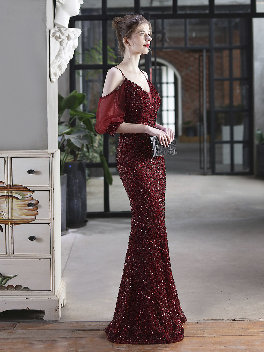 Cold Shoulder Contrast Mesh Puff Sleeve Sequin Wedding Dress M01877