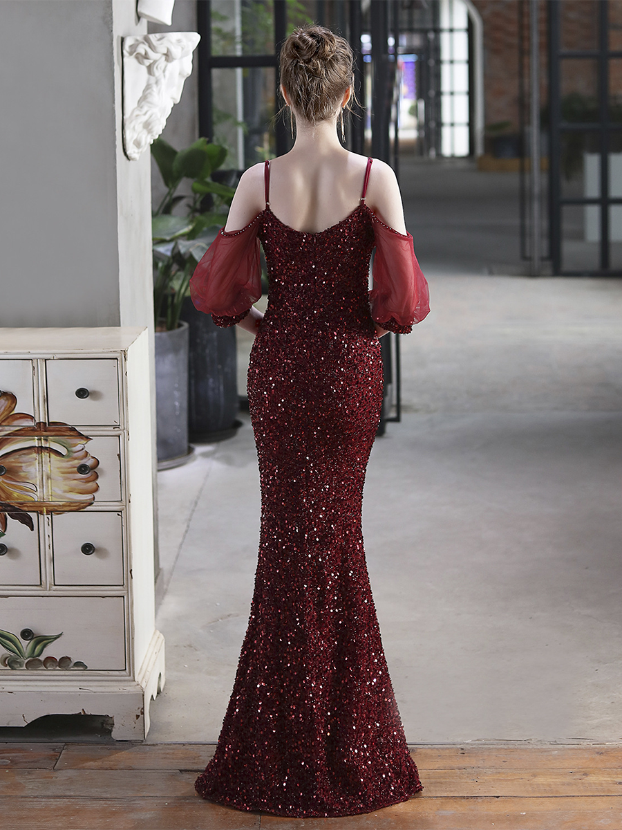 Cold Shoulder Contrast Mesh Puff Sleeve Sequin Wedding Dress M01877