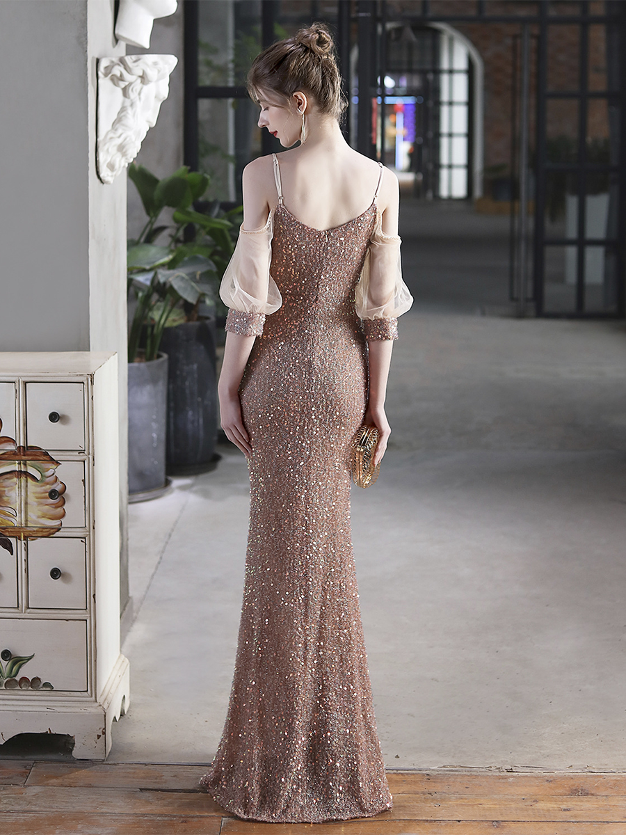 Cold Shoulder Contrast Mesh Puff Sleeve Sequin Wedding Dress M01877