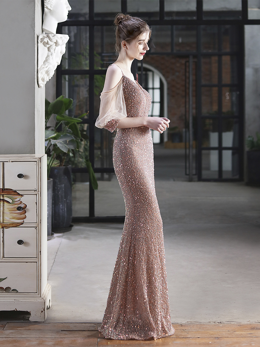 Cold Shoulder Contrast Mesh Puff Sleeve Sequin Wedding Dress M01877