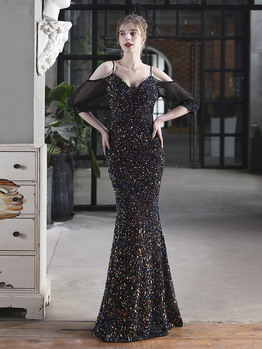 Cold Shoulder Contrast Mesh Puff Sleeve Sequin Wedding Dress M01877