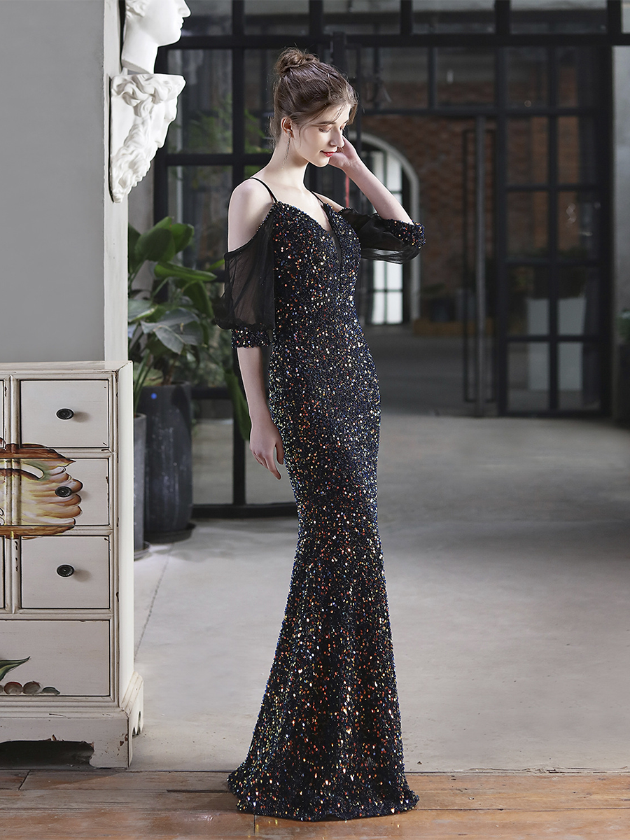 Cold Shoulder Contrast Mesh Puff Sleeve Sequin Wedding Dress M01877