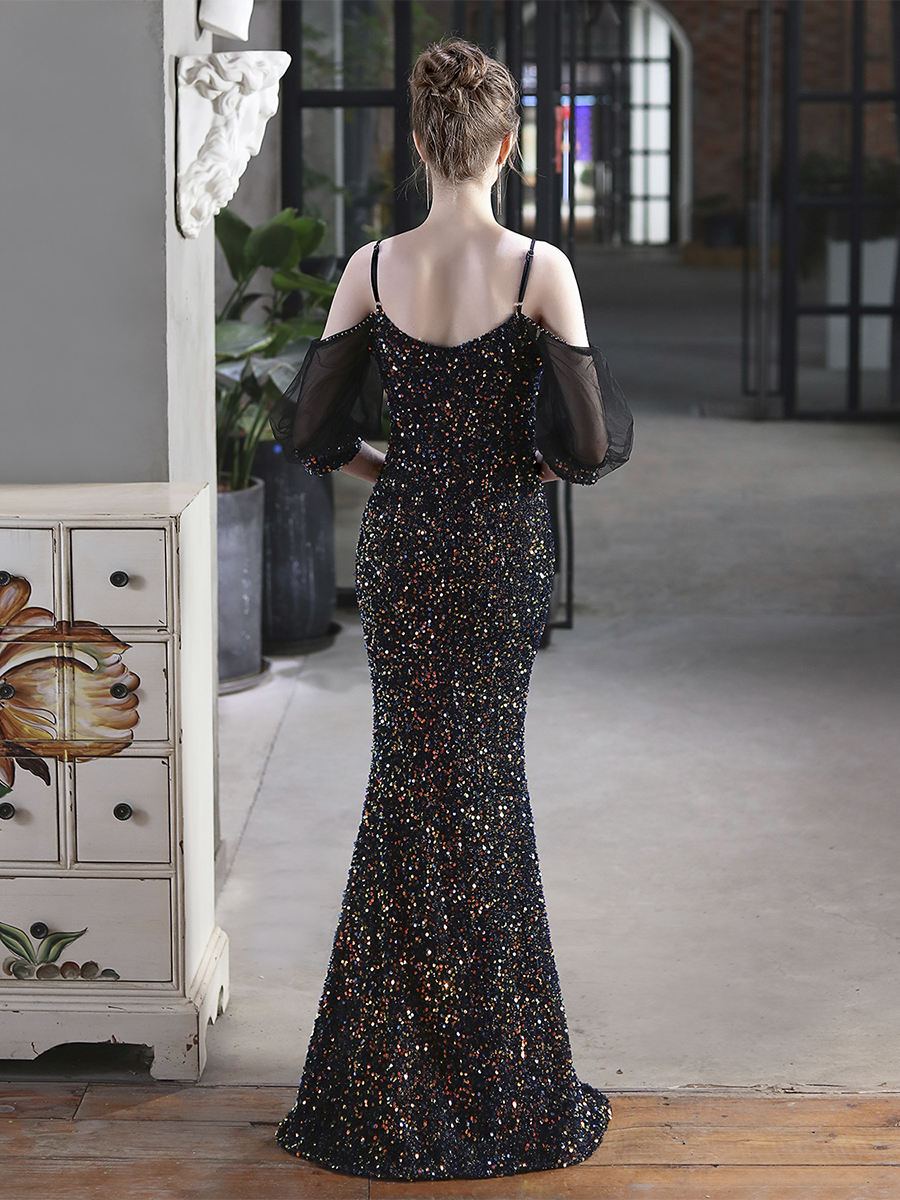 Cold Shoulder Contrast Mesh Puff Sleeve Sequin Wedding Dress M01877