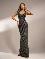 V-Neck Backless Sequin Prom Dress M01950