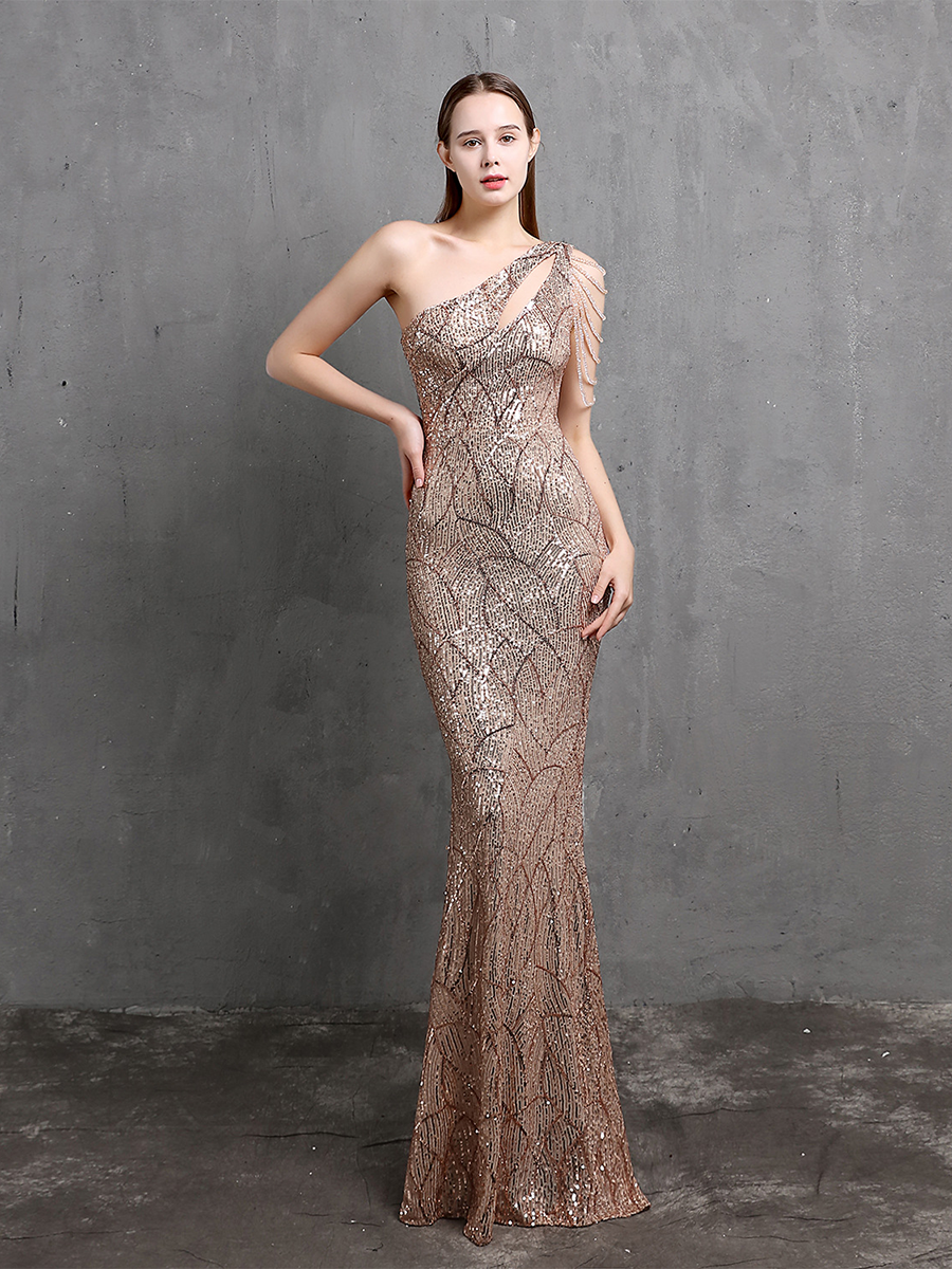 Elegant One-Shoulder Burgundy Sequin Gown M01960