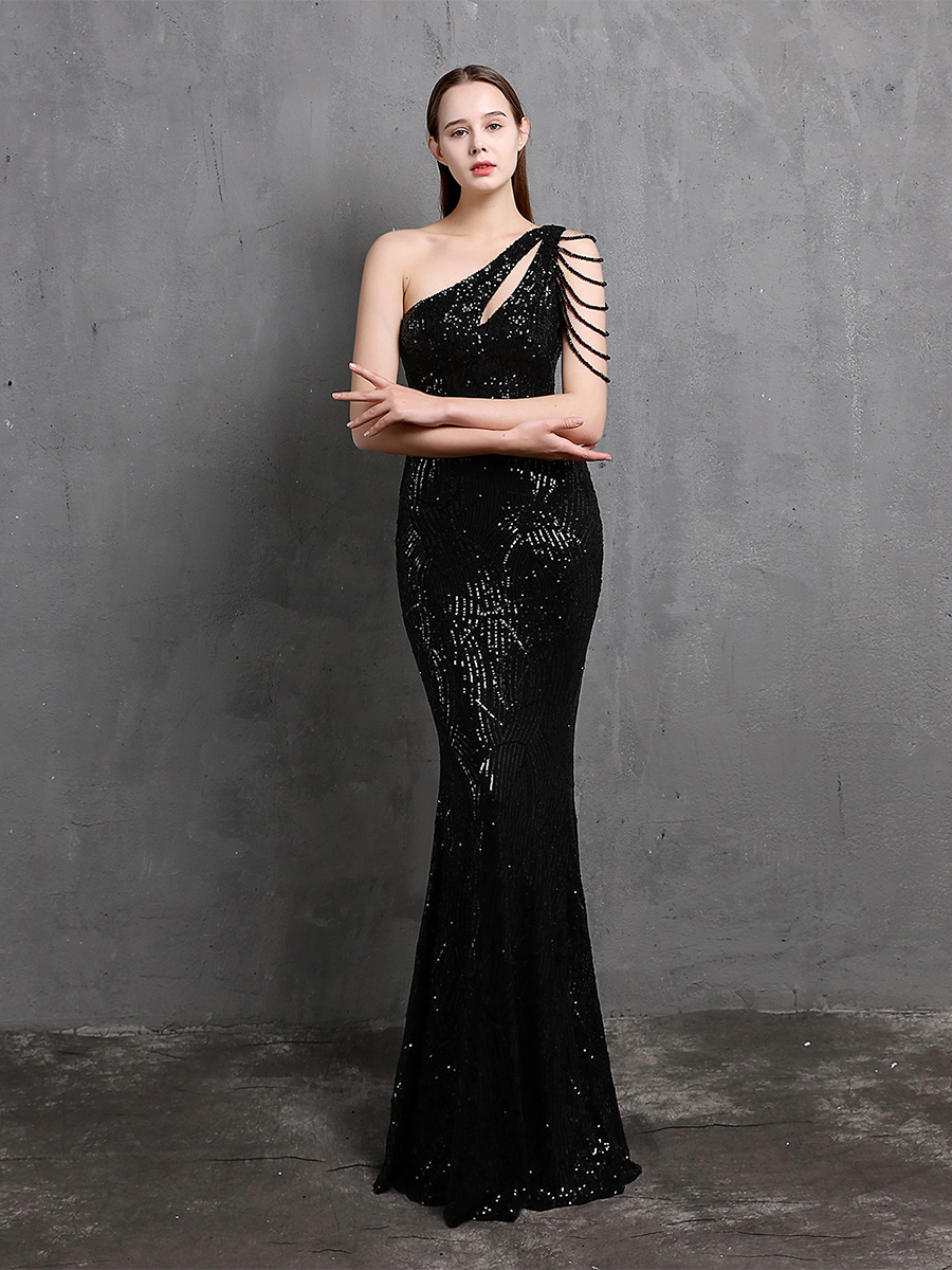 Elegant One-Shoulder Burgundy Sequin Gown M01960