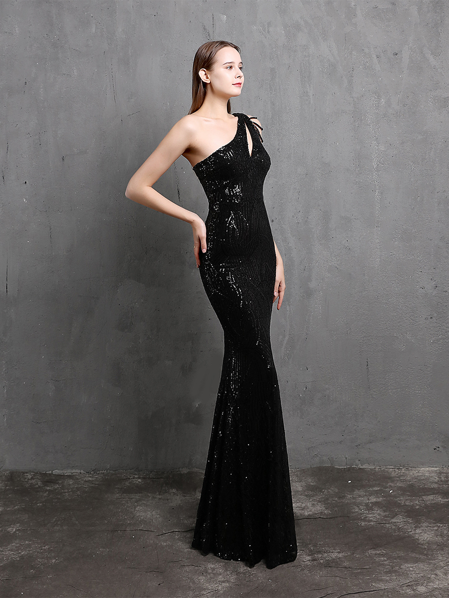 Elegant One-Shoulder Burgundy Sequin Gown M01960