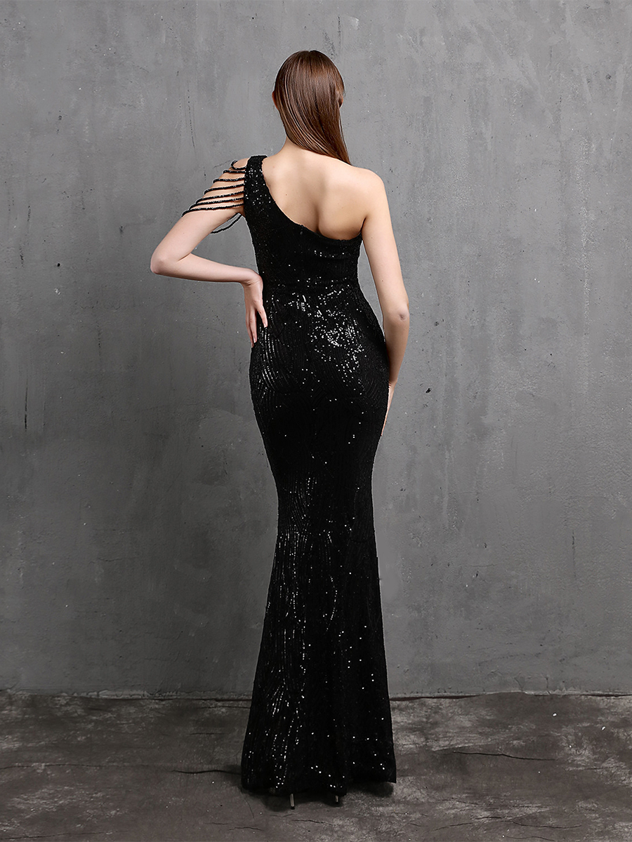 Elegant One-Shoulder Burgundy Sequin Gown M01960